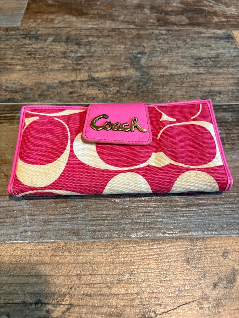 Coach Hot Pink and Cream Signature Continental Wallet